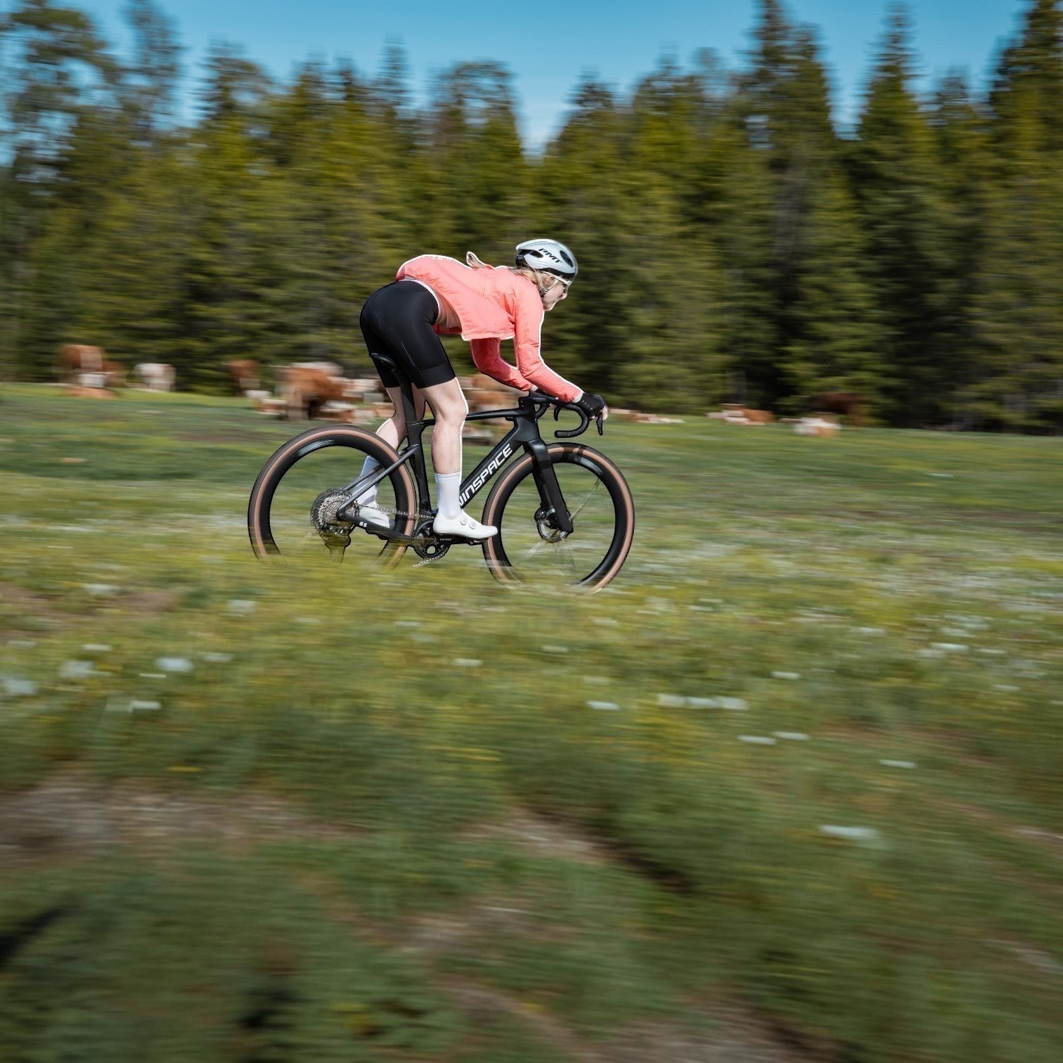 NorVelo G5 Gravel bike in black carbon, ridden by a cyclist in a pink jersey on a grassy field with motion blur.