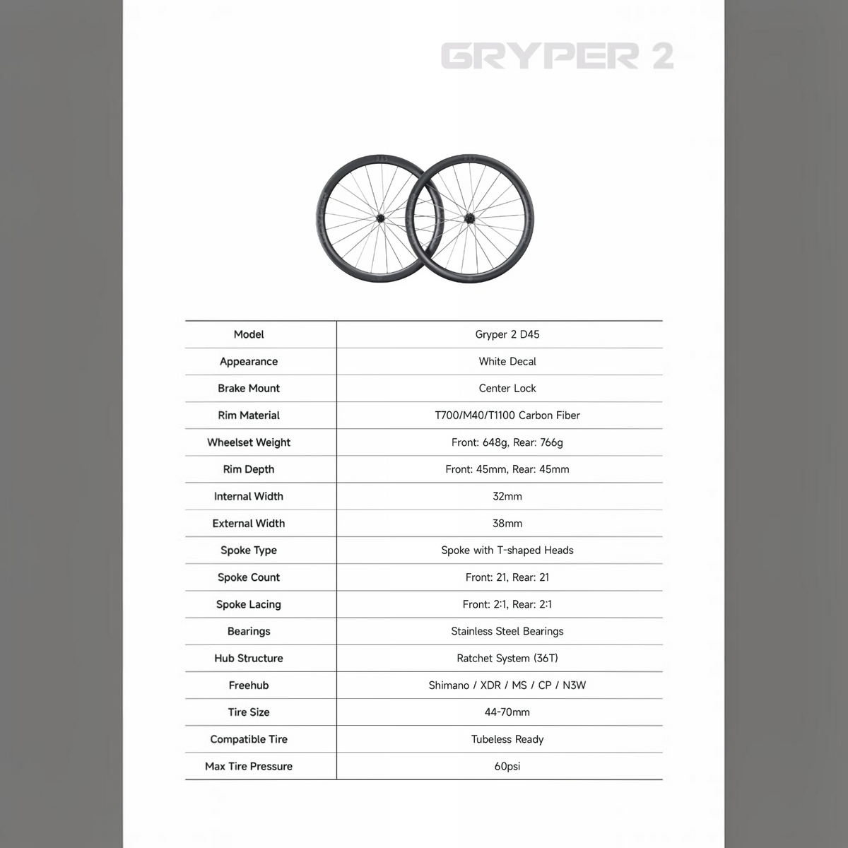 NorVelo Lún Gryper 2 carbon gravel wheelset with 45mm rim depth and technical specifications table