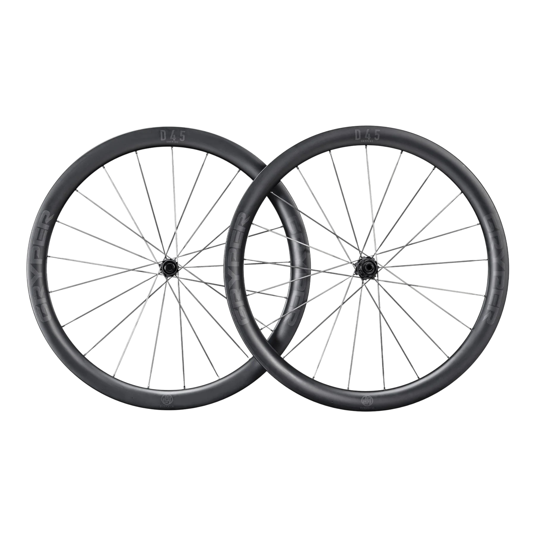 NorVelo Lún Gryper 2 carbon gravel bike wheelset with 45mm deep rims and black spokes for high performance.
