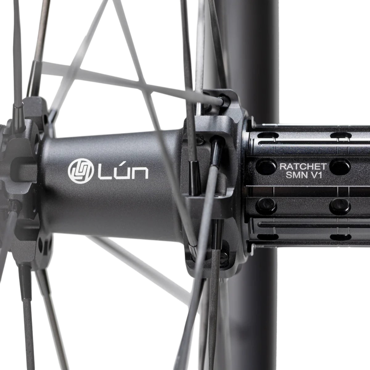 NorVelo Lún Gryper carbon gravel bike wheel hub with 36T ratchet system and black carbon spokes
