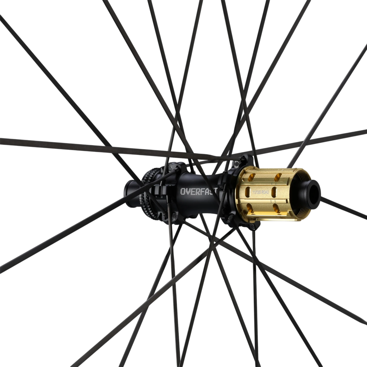 NorVelo Overfast Ultralight 50 MM carbon road bike wheel hub with black spokes and gold freehub body