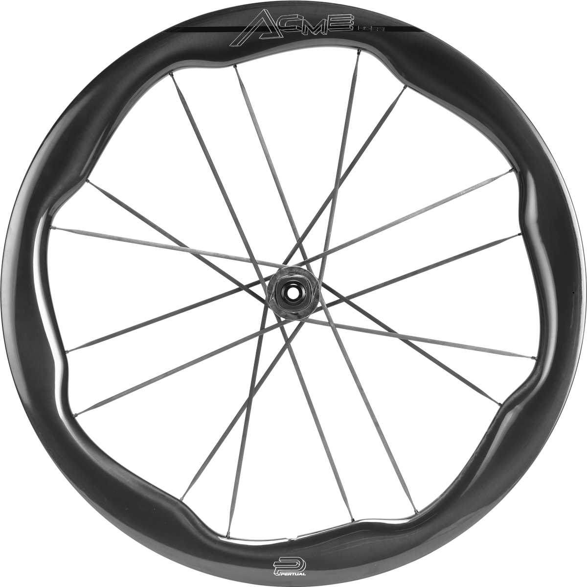 NorVelo Pertual ACME carbon road bike wheel with a 45/62mm wavy rim profile and integrated carbon spokes.