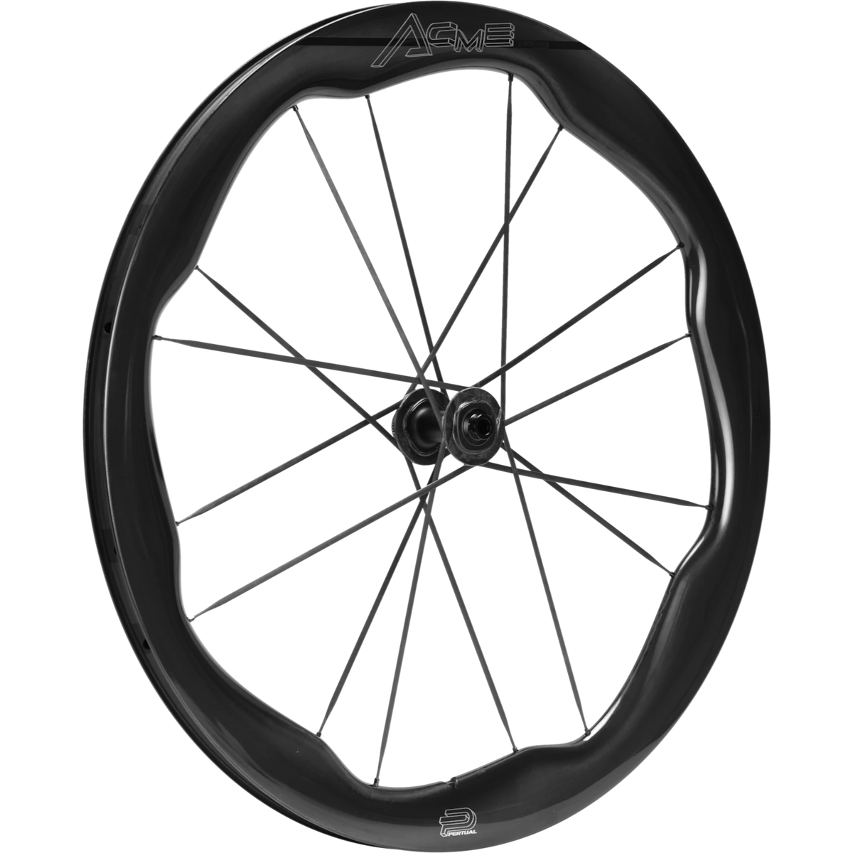 NorVelo Pertual ACME carbon road bike wheel with a 45/62mm rim profile, integrated carbon spokes, and disc brake hub.
