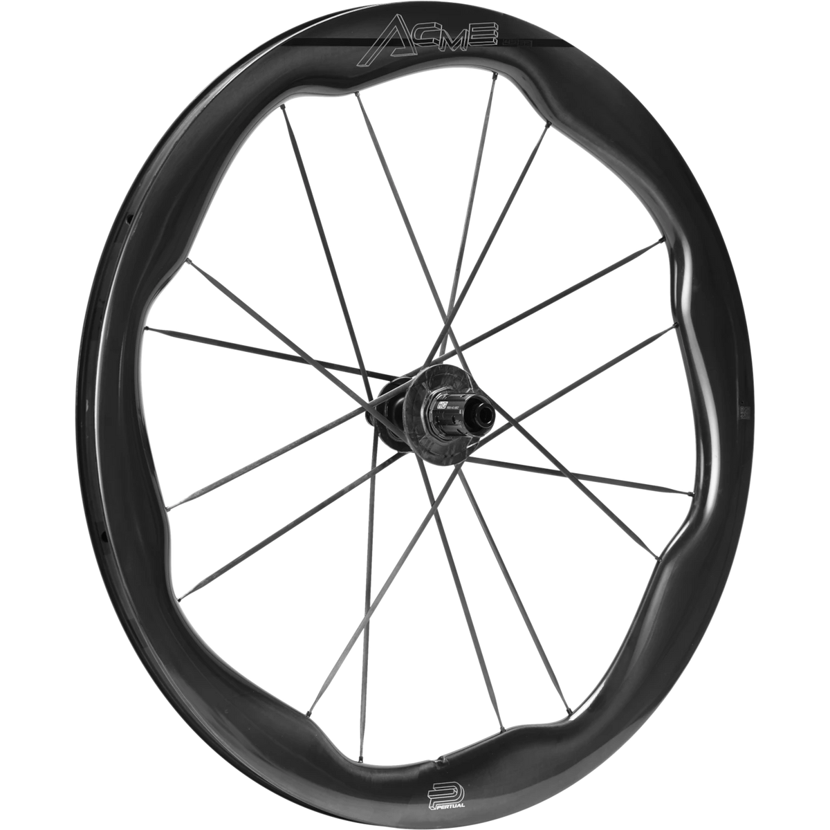 NorVelo Pertual ACME carbon road bike wheel with aerodynamic 45/62mm rim profile and integrated carbon spokes.