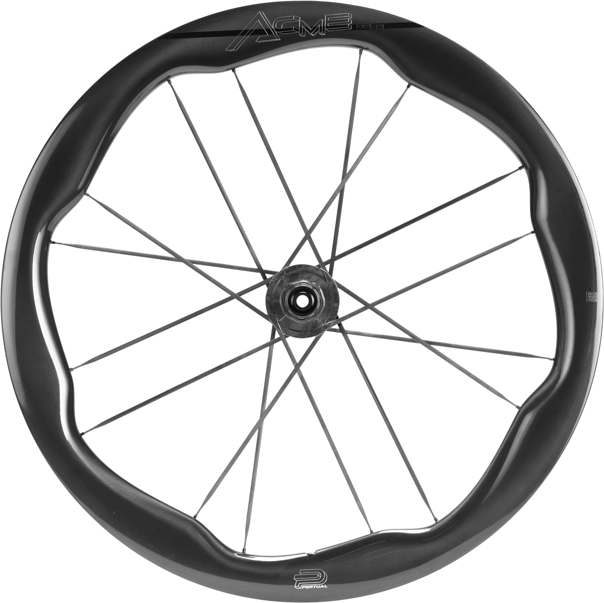 NorVelo Pertual ACME carbon road bike wheel with a wavy aerodynamic rim profile and integrated carbon spokes.